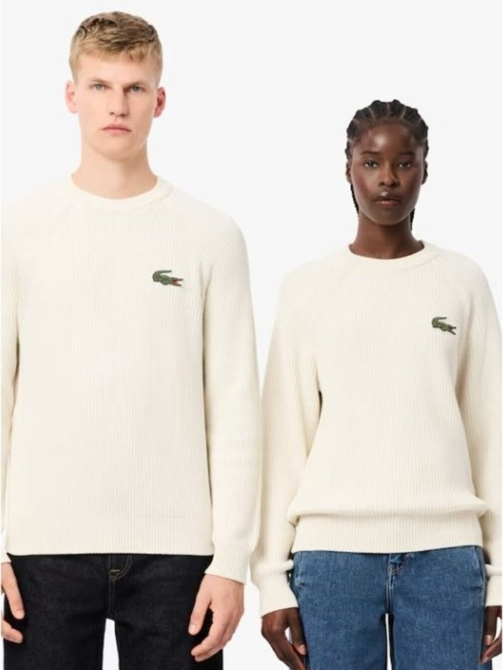 Lacoste Unisex Ribbed White Cotton Badge Sweater, Men's US Size Small
